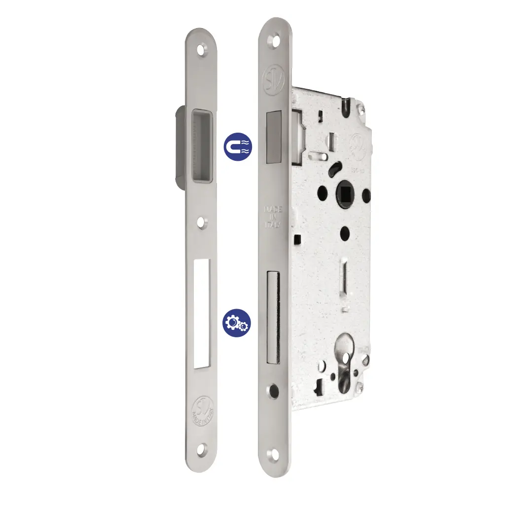 STV MAGNETIC LOCK ATTRAZIONE PLUS -ART. A110 LOCK+EQUAL DOUBLE SIDE KEYHOLE CYLINDER 70MM WITH ROUND PLATE - POLISH BRASS FINISH