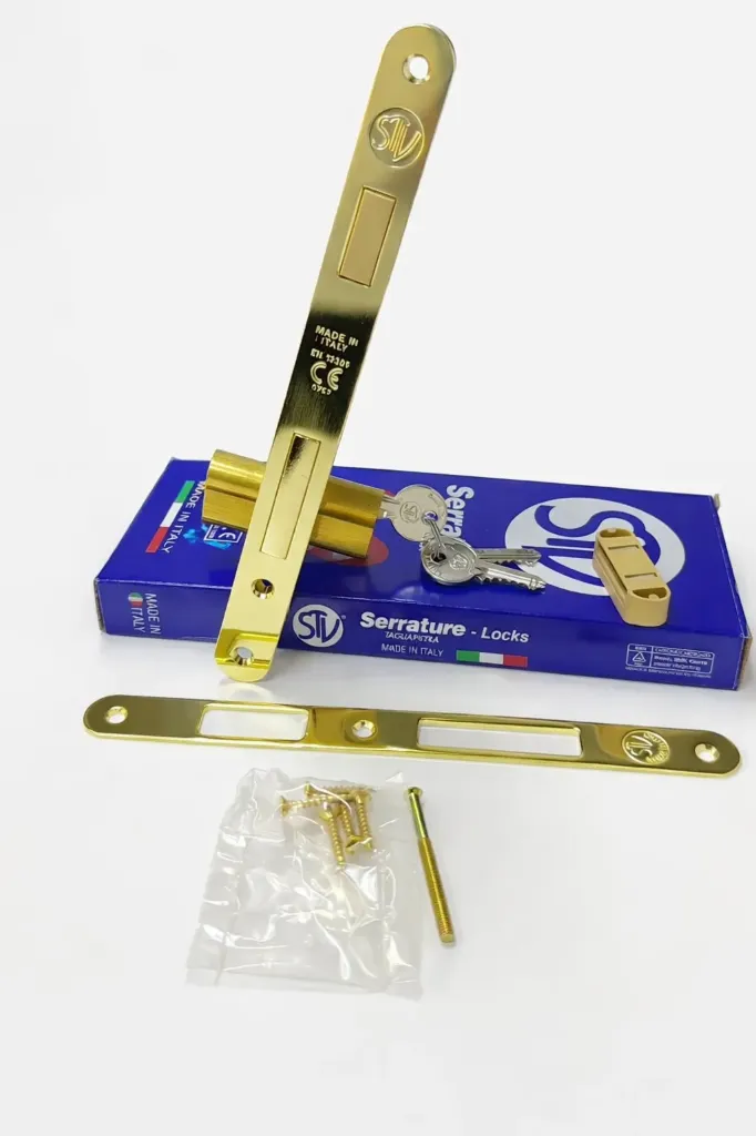 STV SECURITY LOCK - ART. 110 LOCK+EQUAL DOUBLE SIDE KEYHOLE CYLINDER 70MM WITH ROUND PLATE - POLISH BRASS
