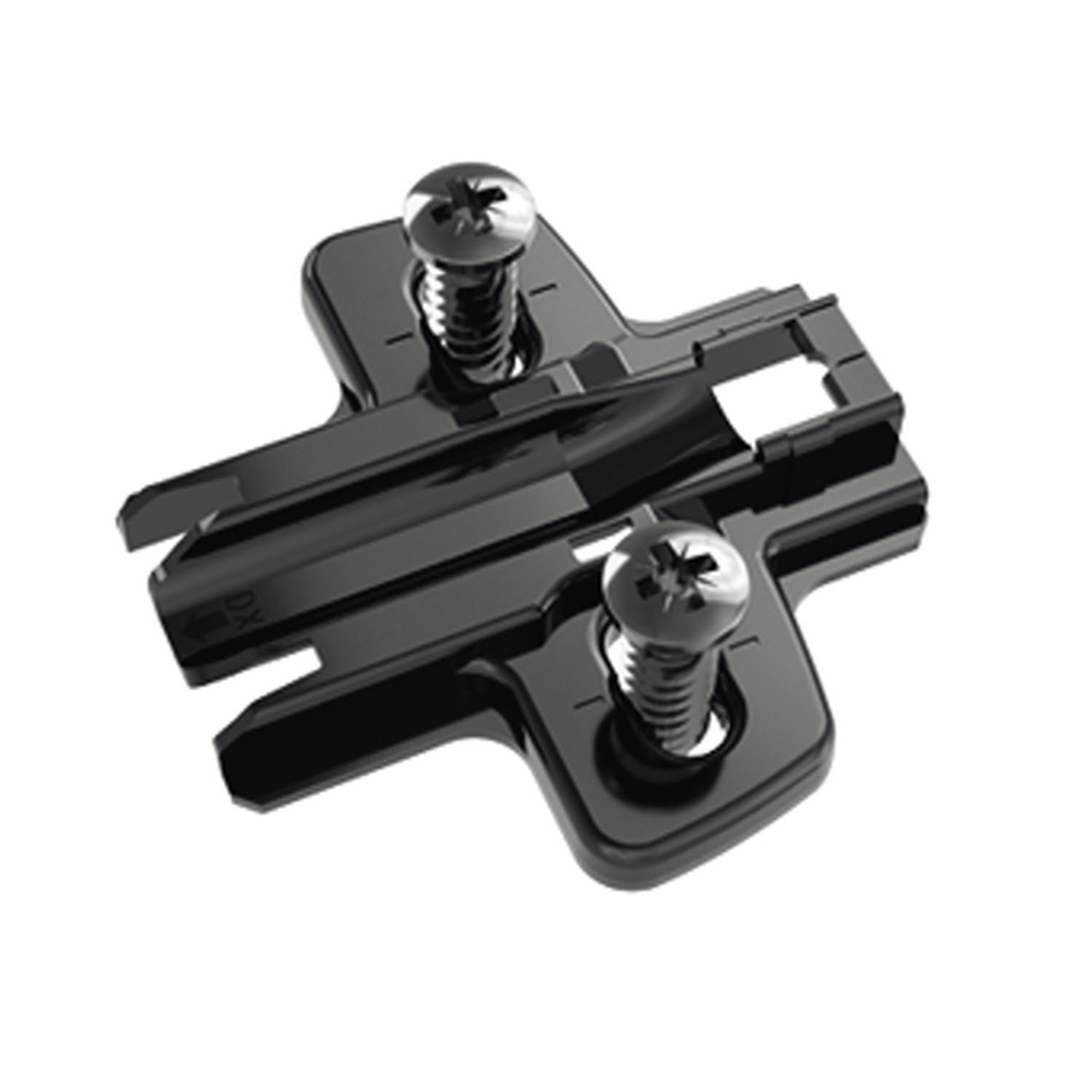 HETTICH - ONSYS CROSS MOUNTING PLATE WITH OBLONG HOLE HEIGHT ADJUSTMENT, IN OBSIDIAN BLACK, HOLE LINE 37 X 32 MM, WITH EURO SCREWS (FOR DRILLING Ø 5 X 12 MM), DISTANCE 0.0 MM