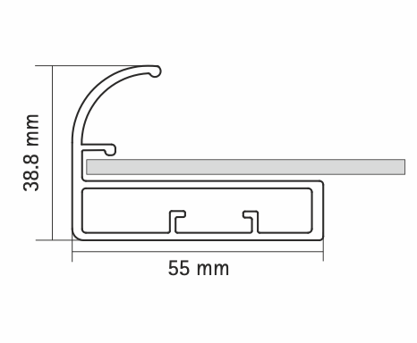 HETTICH - 55mm STRAIGHT FRAME WITH C SHAPED HANDLE ALUMINUM PROFILE FOR GLASS SHELFS - STAINLESS STEEL ANODIZED (6mm GLASS PANEL)