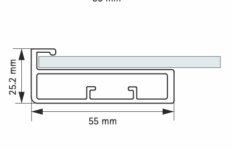 HETTICH - 55mm STRAIGHT FRAME ALUMINUM PROFILE FOR GLASS SHELFS - STAINLESS STEEL ANODIZED (8mm GLASS PANEL)